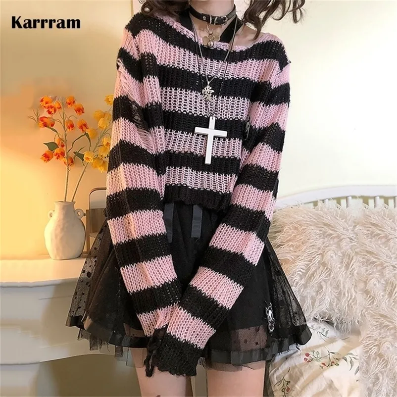 Karrram Maglioni gotici a righe rosa Maglioni strappati da donna Pullover lavorato a maglia allentato Fata sfilacciata Maglioni grunge Emo Streetwear Lolita 220818