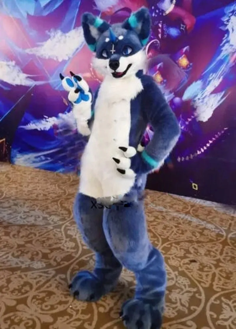 Fursuit Long Fur Husky Dog Fox Mascot Costume Cartoon Outfitsad Halloween Furry Suit Party Birthday Dress