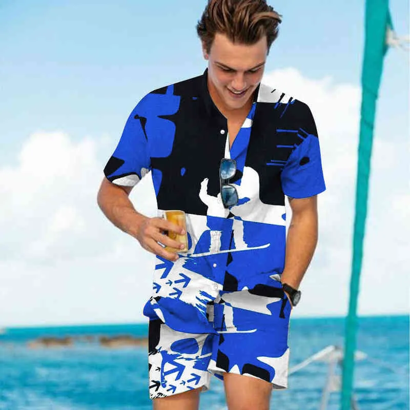 Setelan Pria Baru Kerah Lengan Pendek Atasan Mode Gambar Cetak Dinamis Celana Pantai Musim Panas Liburan Pacar Pakaian Kasual Vetement T220819