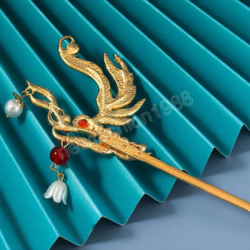 Vintage Hanfu Hair Stick Chinese Pearl Crystal Bead Hairn Pins Flowers Hairpin With Tassel Headwear Wedding Accessories