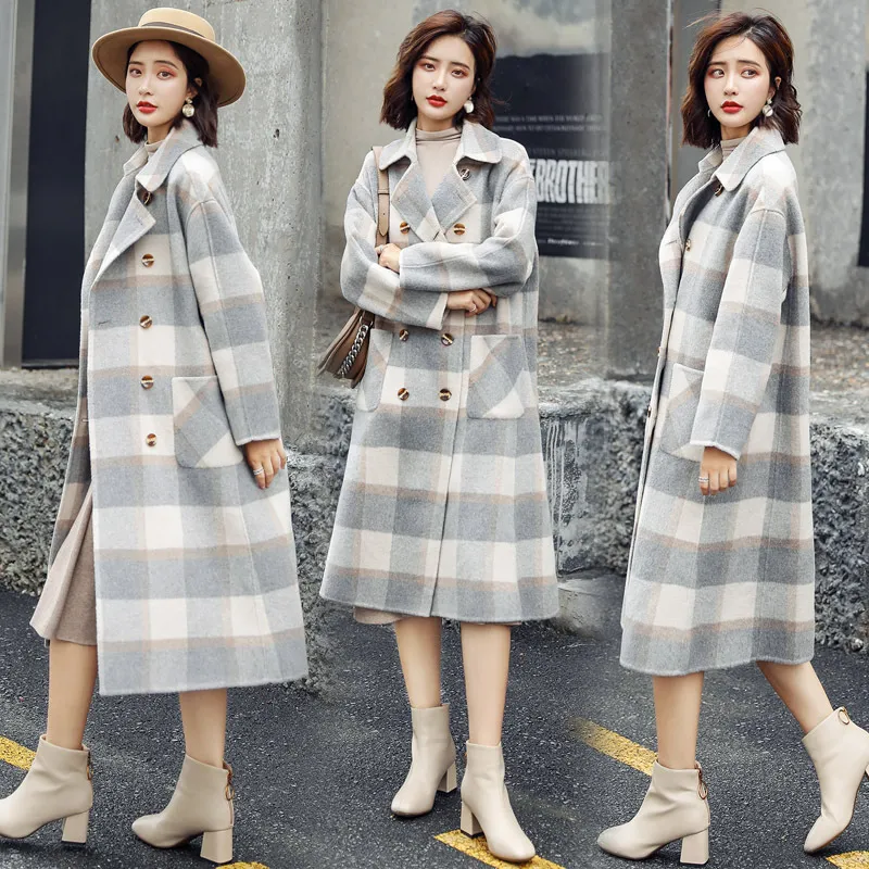 Sweet Plaid Long Coat per donne Widewaisted Wool Coat e Giacca Curnodown Tasche Womter 220819