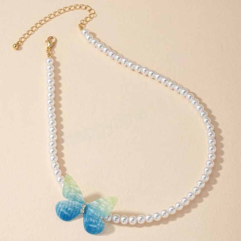 Koreańskie szyk naszyjniki białe symulowane perełki perłowe haft motyla Choker Naszyjnik kobiecy biżuteria imprezowa