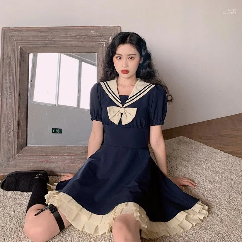 Повседневные платья Harajuku Sailor воротниц темно -синий платье японская лолита сладкая девочка ретро хлопок каваи