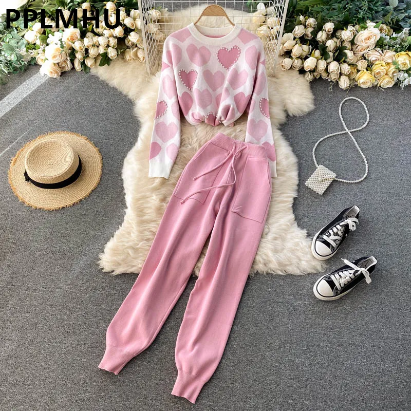 Knit Love Pinted 2 -częściowe zestawy jesień zimowe stroje Kobiety Pearl Kreading Sweter z długimi rękawami Topy Harem Pant Suits Korean Tracksuit 220819