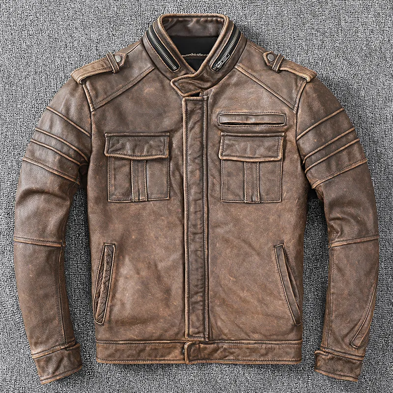 Mężczyźni Cowhide Płaszcz Mężczyzna oryginalna skórzana kurtka vintage w stylu motocyklowym ubrania motocyklowe grube cielęcy prawdziwe płaszcze Learher 220819