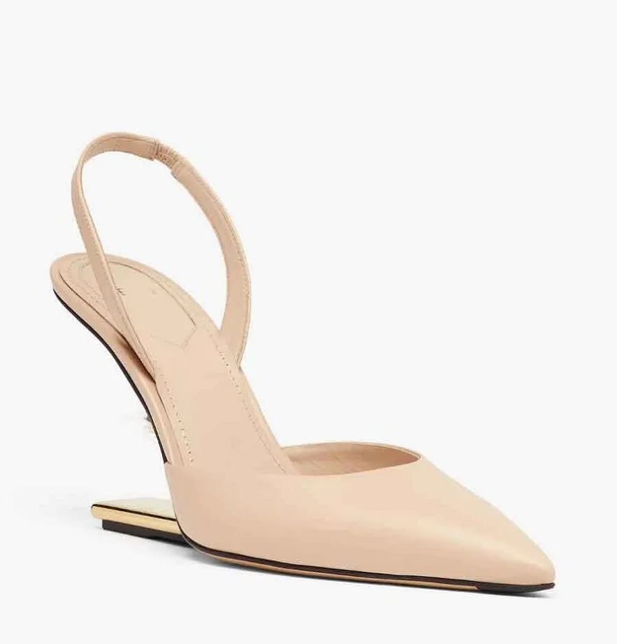 الصيف الفاخرة الأولى من الجلد الصنادل أحذية النساء قطريًا على شكل F-slingback سيدة عالية الكعب المدببة بمضخات إصبع القدم في حفل زفاف مصارع الصندل