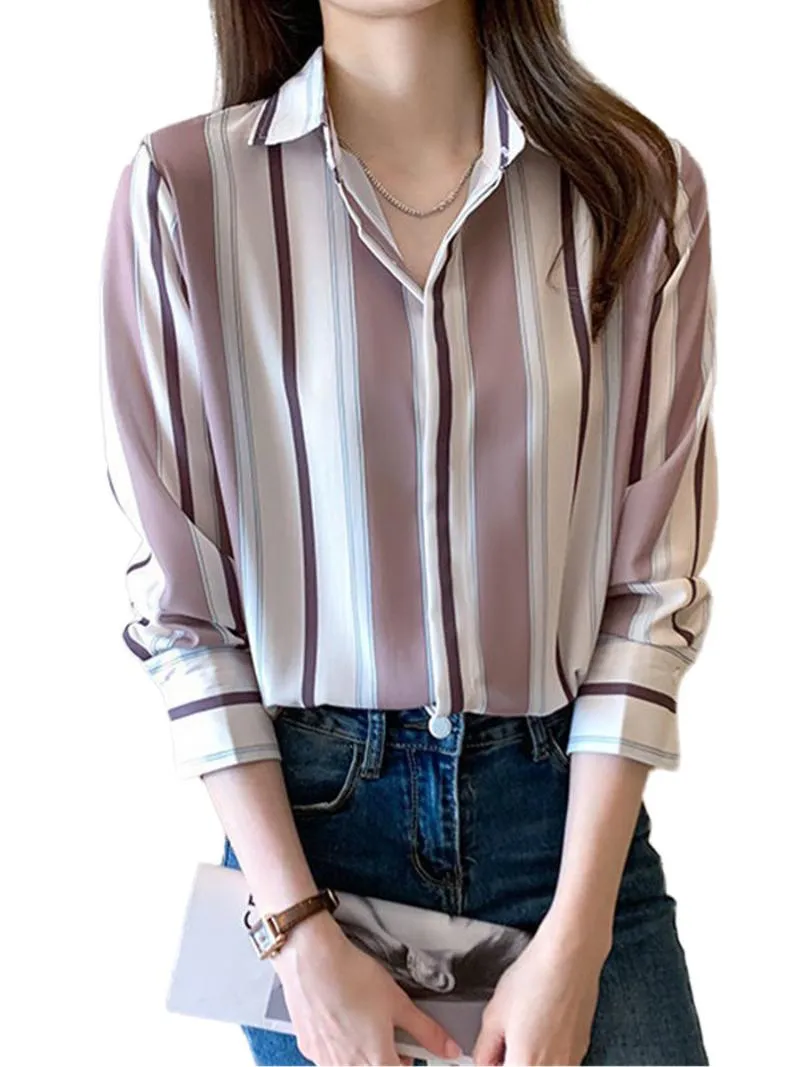 Chemisiers pour femmes Chemises Femmes Été Printemps Lady Mode Casual Manches Longues Col Rabattu Stripe Impression Bureau Blusas Tops G2366Women '