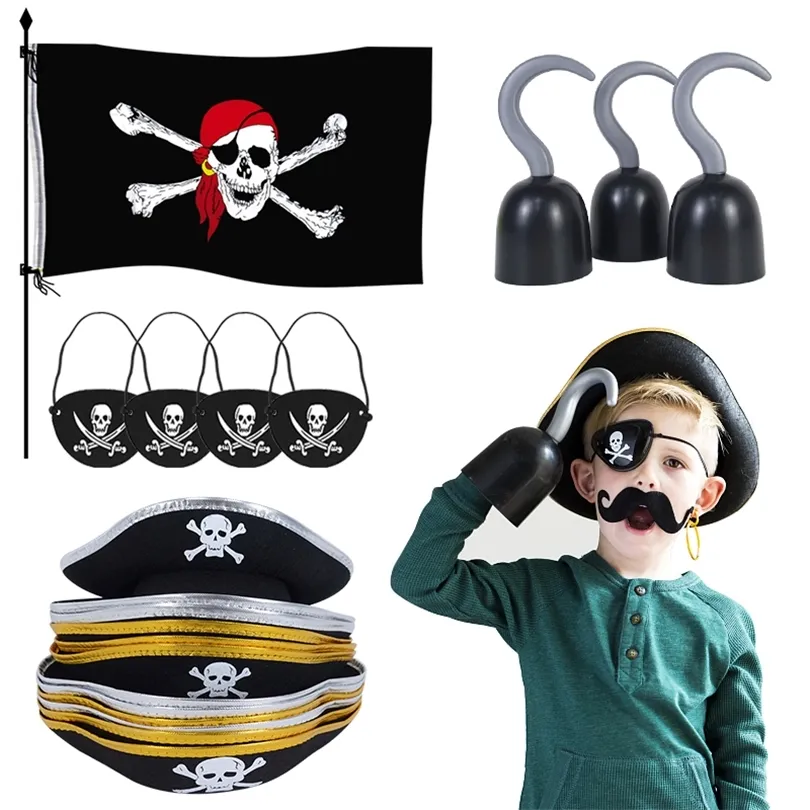 Pirate Captain Cosplay Costume Props Hat Hook Hand Flag Balloons For Halloween Kids Birthday Party Decoration Supplies 220819