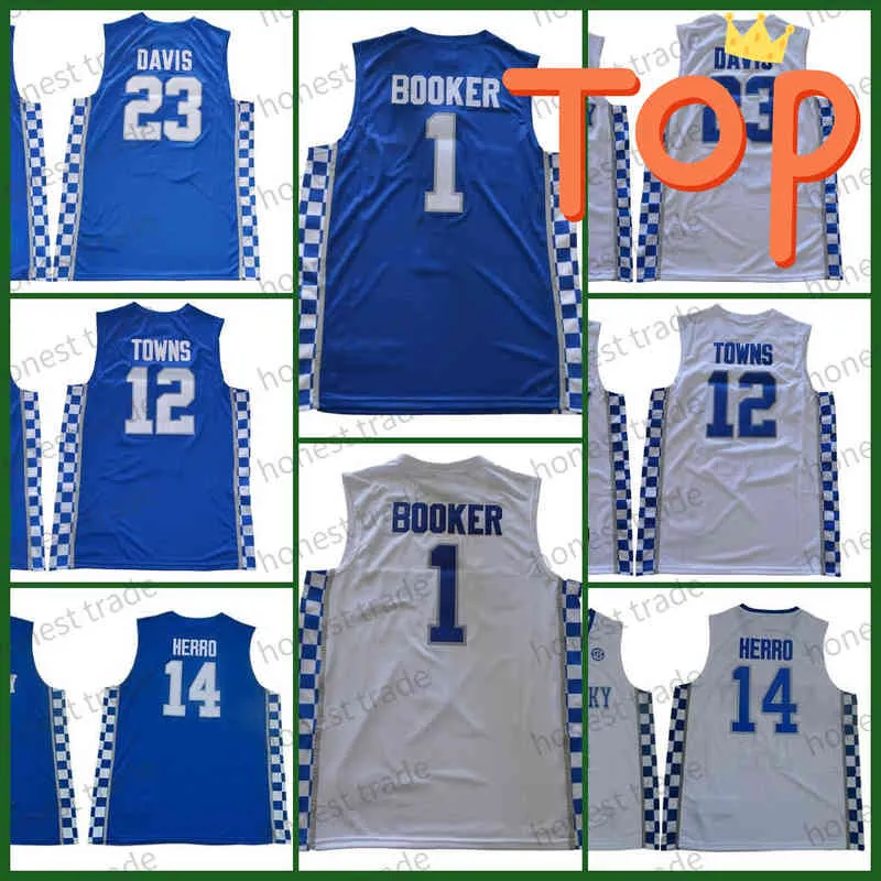 NCAA Kentucky College Herro 14 Blue Jersey 12 Davis Tyler # 1 Booker 23 Towns Basketball Maillots pour hommes Blanc Bleu Hommes Uniformes universitaires Spor