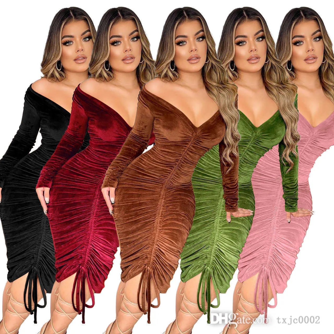 Women Velour Pleated Drawstring Dresses Long Sleeve Slim Bodycon Dress Designer Sexy V-neck Off Shoulder Skirt Clubwear