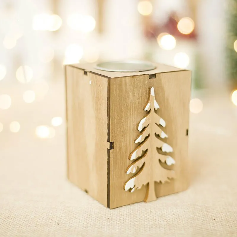 Creative Noël Bois Arbre De Noël Boîte Cadeau Lettre Elk Bougeoir Chandelier Lampe De Table Pour Thé Lumière Décoration 7X9cm C0819