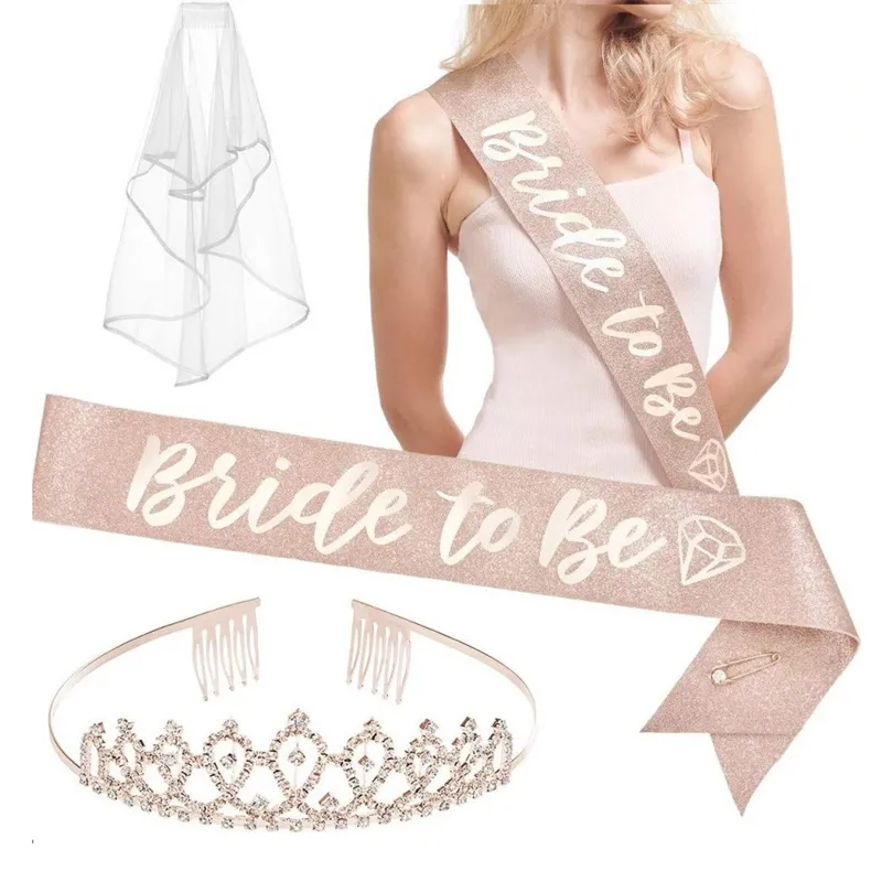 Vrijgezellenfeest Decoraties Rose Gold Glitter Kit Bruids Douche Benodigdheden Bruid om Sjerp Strass Tiara Sluier Party Favor MJ0757