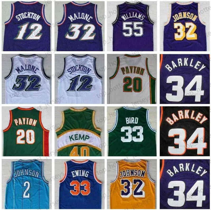 NCAA Retro baskettröjor 33 Larry 12 Stockton 32 Karl Malone Jason Williams Ewing Gary Payton Kemp Barkley Jersey Men's