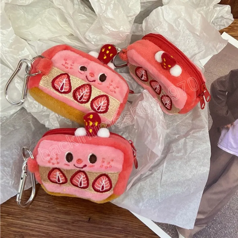 Pink INS Plush Earphone Case Cute Stylish Strawberry Cake Coin Purse For Girls Purse Keychain Pendant Storage Bag Pouch