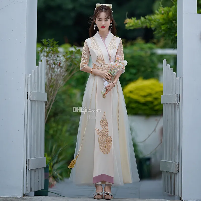 Vestidos casuais de Hanfu, elegante vestido de longa data feminina estilo hanbok roupas asiáticas de champanhe Vintage Nacional Vobe de decote em V