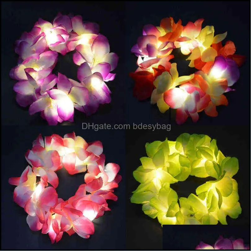 1pcs women girl led lights hawaii flower leis hair band garland hula luau glow wreath necklace party birthday wedding christmas