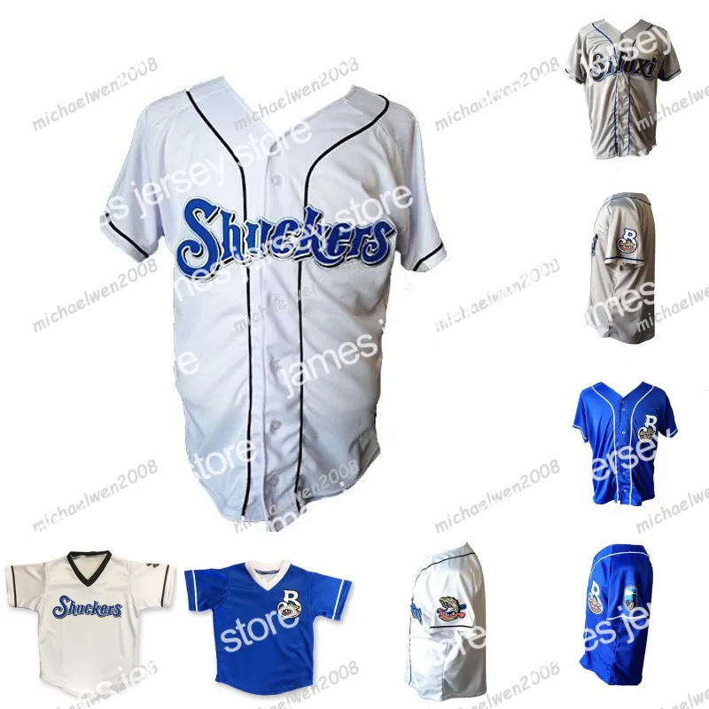 2022 Anpassade basebolltröjor Mens Biloxi Shuckers White Grey Blue Custom Double Stitched Shirts Högkvalitativ