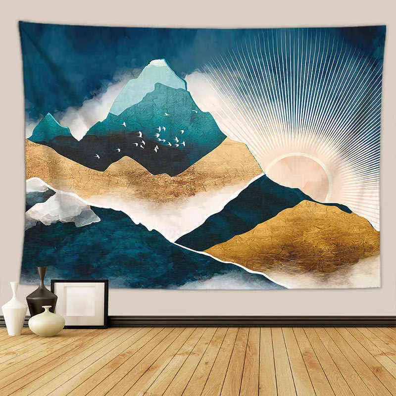 Arazzi murali giapponesi astratti Estetica Metallo Sole Paesaggio Hippie Psichedelico Tapiz Mandala Albero Mountain Decor Coperta J220804