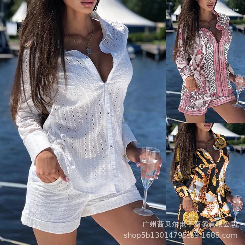 Women's Tracksuits Donsignet 2022 White Solid Hollow Out Shirt Suit For Women Office Lady Turn-down Collar Top Shorts Womens