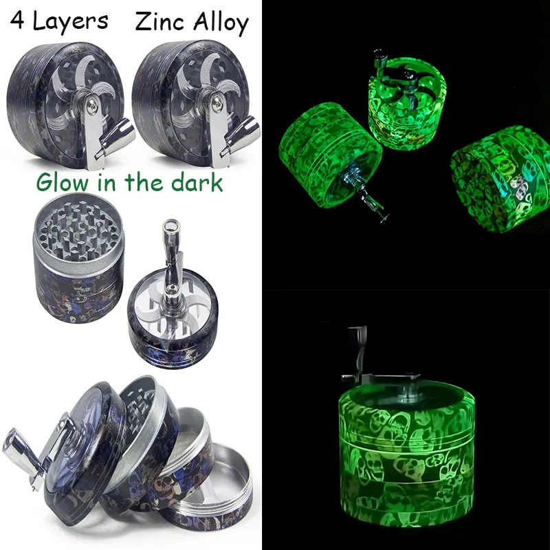 Vente en gros Glow In The Dark Concave avec poignée Herb Grinder Accessoires pour fumer 55mm Diamètre 4 couches en alliage de zinc Matériel Surface Broyeurs à tabac GR404