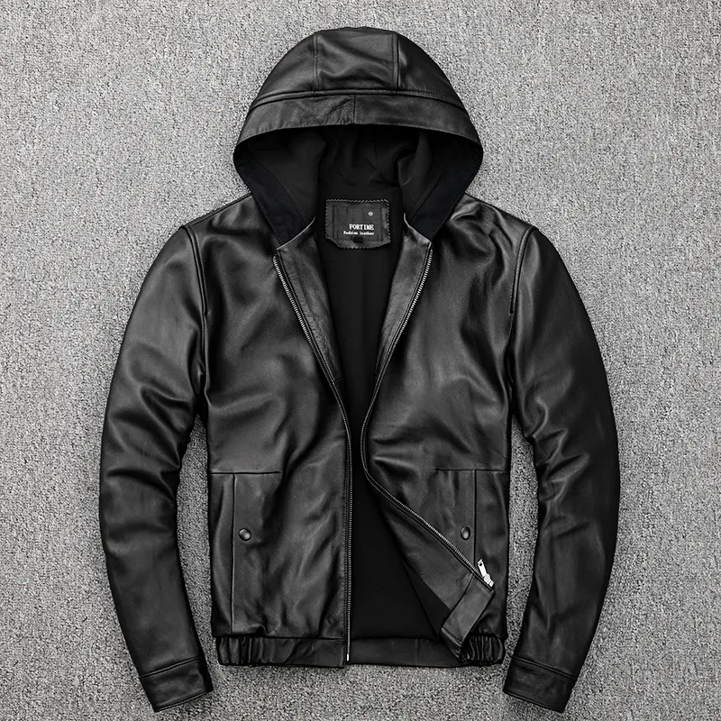 Männer Mit Kapuze Leder Jacke 100 Echtem Schaffell Motorrad Schwarz Mantel Männlichen Hoodies Kleidung Frühling Hut Leder Jacke Männer 220819