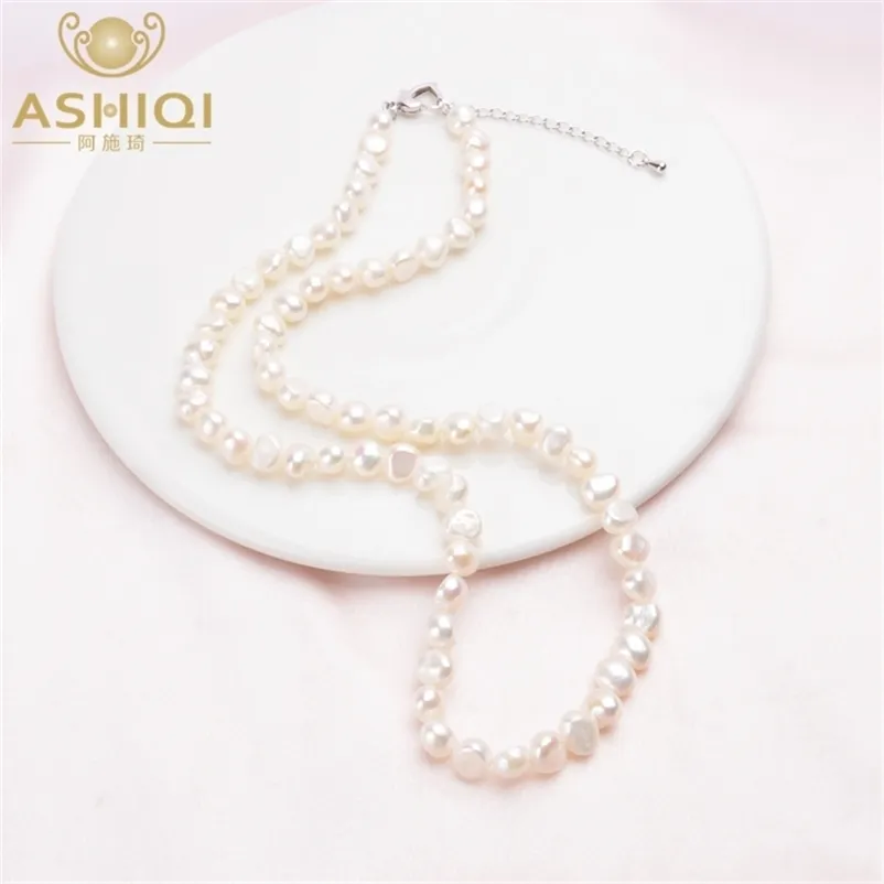 Ashiqi Real 7-8 mm Süßwasserperlen Halskette für Frauen klassischer natürlicher Barock Perlenschmuck 220818