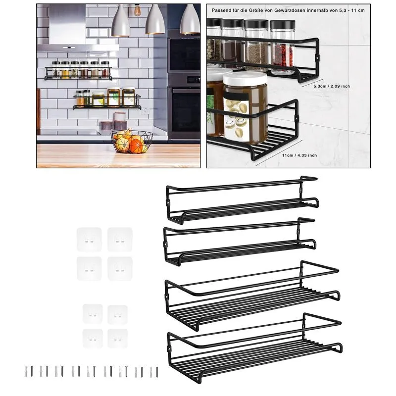 Hooks & Rails Set Of 2 Metal Hanging Spice Shelves Rack Kitchen Wall Mounted VersatileHooks