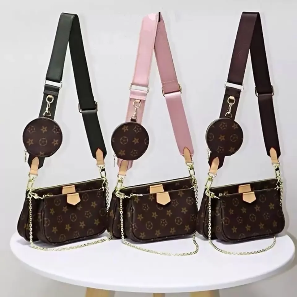 Högkvalitativ tre -stycken Set axelväska M44823 Kvinnor Väskor Crossbody Purse Messenger väskor Handväskor Blommor Designers Pu Leather Handbag Brown Flower