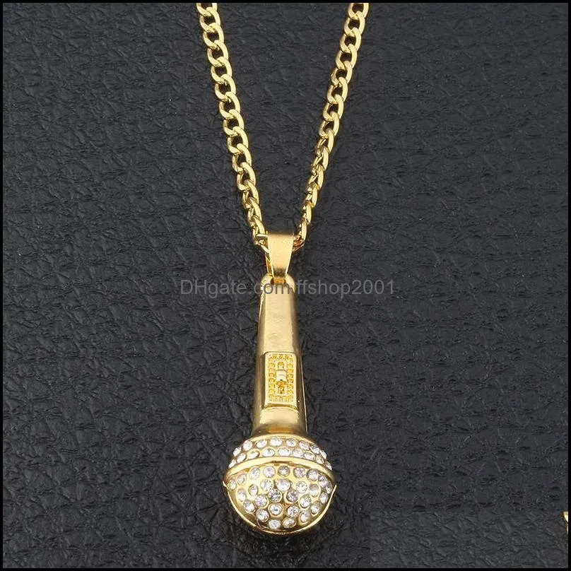 Collane con ciondolo Bling Gioielli Hip Hop Ice Out Musica Pendenti con microfono stereoscopico Collana con catena in oro placcato Drop Deli Ffshop2001 Dhfxy