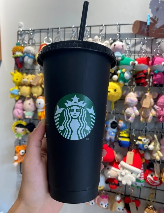 Starbucks 24oz/710ml Bicchieri di plastica Bicchiere regalo Coperchio Riutilizzabile Trasparente Nero Bere Fondo piatto Cannuccia Tazza