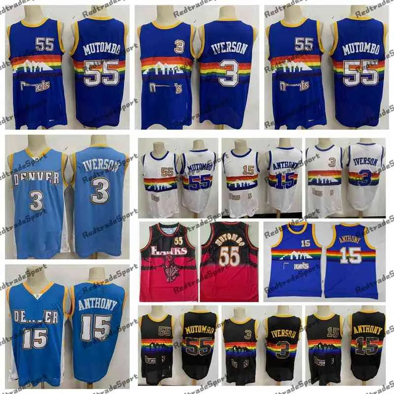 Vinatge NCAA 1992バスケットボールジャージーレインボー55 Dikembe Mutombo 3 Allen Iverson 15 Carmelo Anthony Blue Stitched Mesh