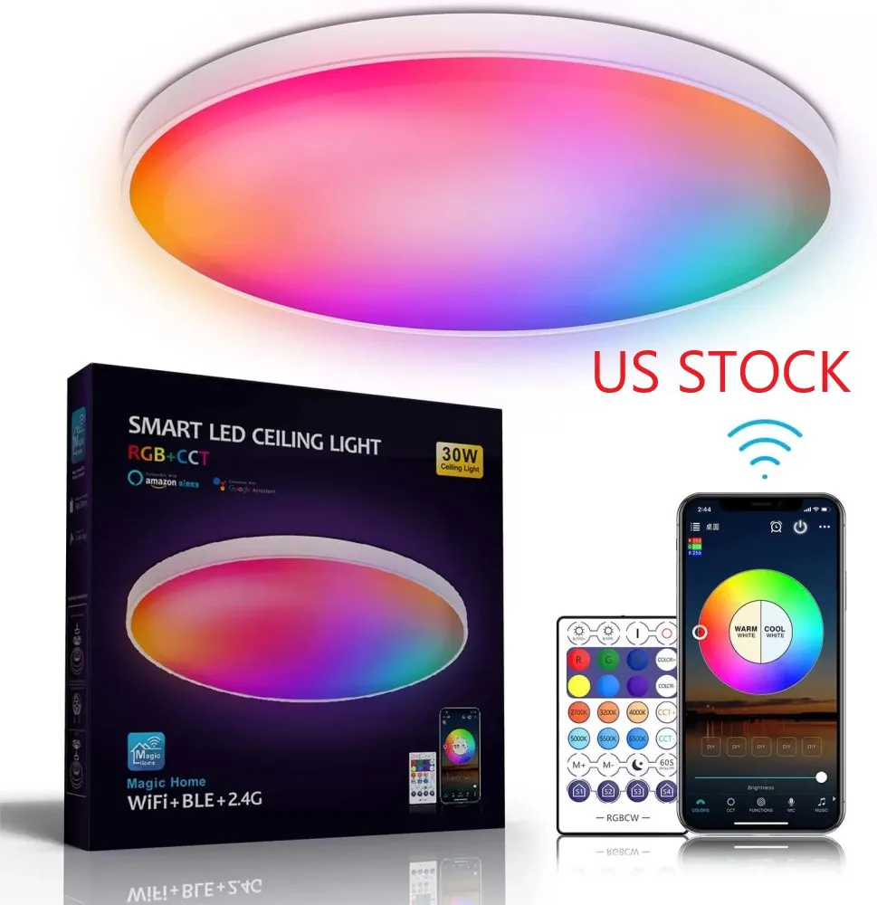 STOCK EN EE. UU. Lámparas de techo LED Montaje empotrado Luces de techo inteligentes de 12 pulgadas y 30 W Cambio de color RGB Control de aplicación WiFi Bluetooth 2700K-6500K Sincronización regulable