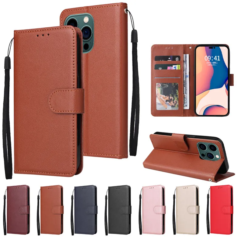 Slim Rope Magnetic Folio Phone Case for iPhone 14 13 12 Mini 11 Pro Max XR XS 7 8 Plus SE2 SE3 Lanyard Multiple Card Slots Leather Wallet Clutch Bracket Protective Shell