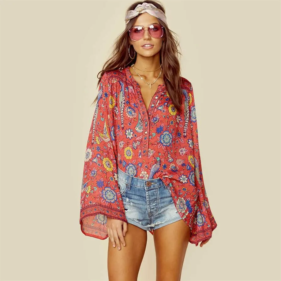 Dictation smear nicotine Teelynn Red Boho Blouse 2018 Spring Birds Floral Print Blouses Vinatge O  Neck Flare Long Sleeve Bohemia Women Blouses Hippie Top Y348U From Ccfft,  $57.48 | DHgate.Com