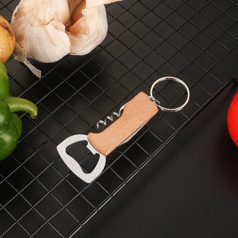 Openers Wooden Handle Bottle Opener Keychain Knife Pulltap Double Hinged Corkscrew Stainless Steel Key Ring Opening Tools Bar