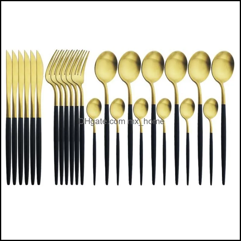 Dinnerware Sets Round Handle Matte Black Gold Set 304 Stainless Steel Tableware Knife Fork Spoon Flatware Cutlery Service For Mxhome Dh9Xn