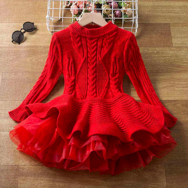 Зимние девушки вязаное платье свитера красные рождественские платья 3-8 лет теплый рукав теплый детская одежда 2023 Детский новый год костюм Y220819