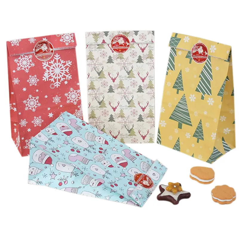 Emballage cadeau 12 pièces mélange 4 Types joyeux noël sacs avec autocollants arbre de noël Kraft papier bonbons pour l'année maison ornements cadeau