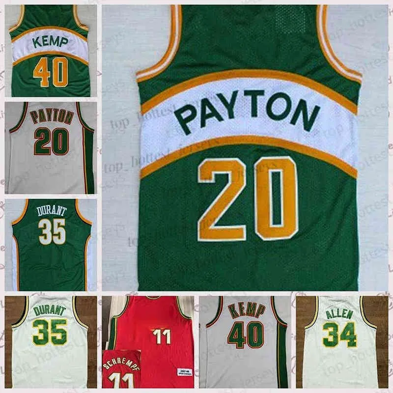 Gary 20 Payton Stitched Vintage Kevin 35 Durant Seattle Maglie da basket Shawn 40 Kemp Ray 34 Allen Green Yellow Red Retro Stitched Jersey