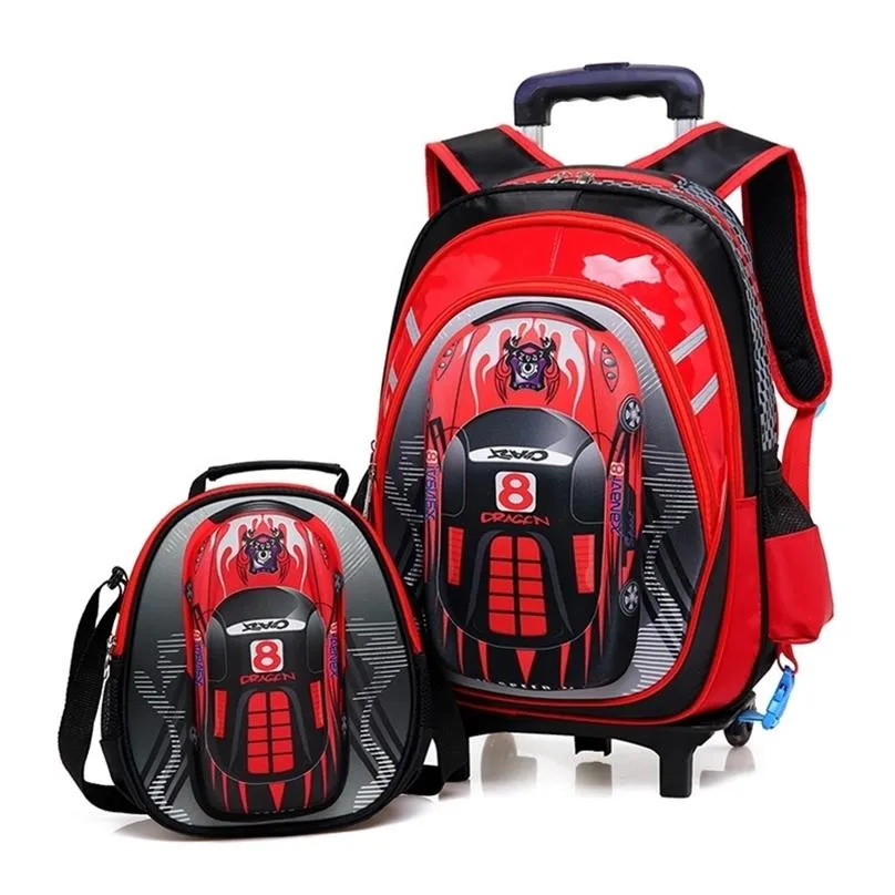 3D School Bags On Wheels School Trolley Backpacks Wheeled Backpack Kids