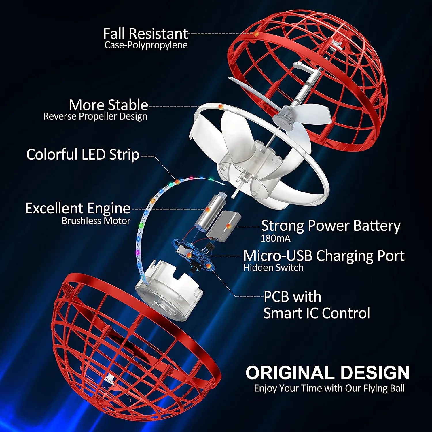 Juguete de bola voladora LED, bola voladora giratoria portátil