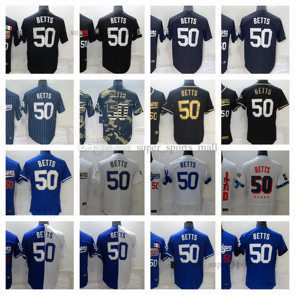 2022 뉴 야구 저지 50 Mookie Betts Dodgers City 화이트 그린 블루 스티치 유니폼 남성 여성 청소년 사이즈 S--XXXL