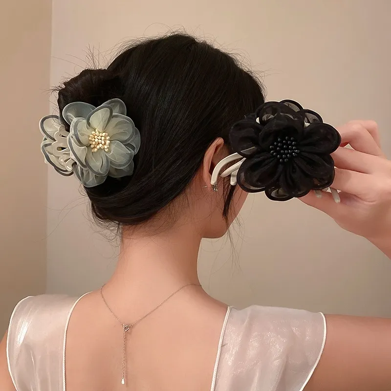 Fashion Big Camellia Fabric Flower Crab Hair Claw Clips Large Plastic Ponytail Holder Clamps Wedding Party Hair Accessories