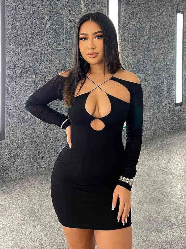 Mozision Double Layer Slim Women Dress Long Sleeve Sexy Bodycon Low-Cut Ladies Dresses Hollow out Backless Women's Clothing 2021 T220819