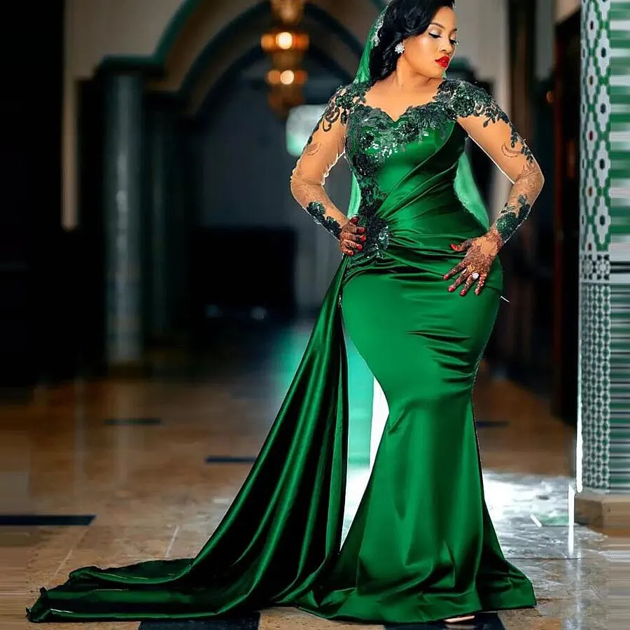 Aso Ebi Dark Green Evening Dresses Mermaid Long Sleeve Lace Appliqued African Formal Prom Gowns Peplum Arabic Dubai Satin Celebrity Party Special Occasion Dress