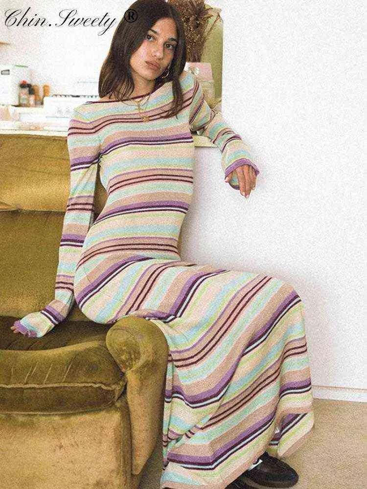 Backless Stripe Long Dress Women Casual Long Sleeve O-Neck Jurken Vrouw Elegant Robe 2022 Autumn Slim Fashion Ladies Vestidos T220819