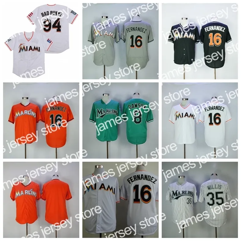 24 Retro Baseball Vintage 16 Jose Fernandez Jersey 94 Bad Bunny Jersey con bandera puertorriqueña 35 Dontrelle Willis 8 Andre Dawson Negro Blanco