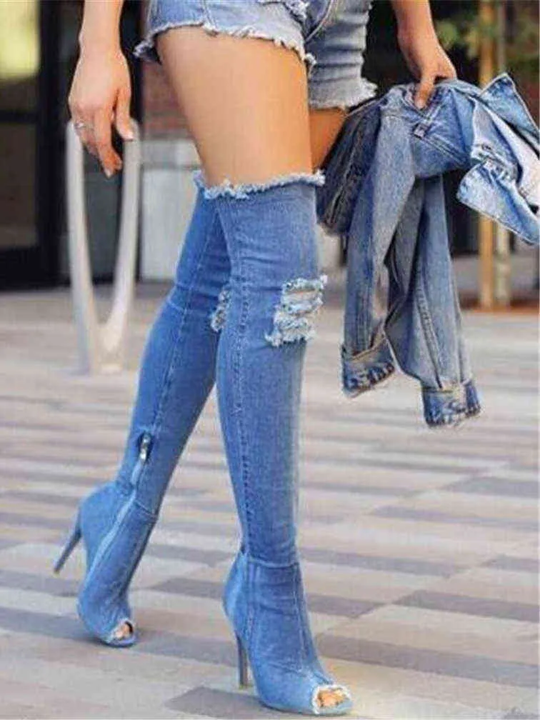 Boot Jean Boots Dam Over the Knee Dam Skor Peep Toe Stretch Tyg Dragkedja Hög klack Kvinna Sexig Denim Lång 1203