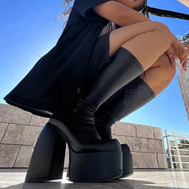 Super High Heel Knee Highs st￶vlar Kvinnor Plattformskor Kvinna Tjock Sole Stretch Shoe Sexig Chunky Heel Runway Long Boot Woman