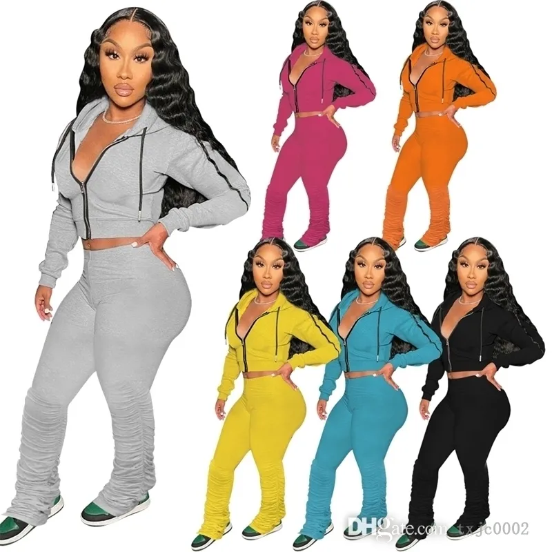 Fall Sportswear Women Tracksuits Fashion Zipper Hooded Sweater Crop Top Stacked Pants Suit Sports Outfits 2 Pieces Set
